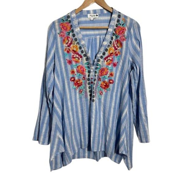 Angel Heart Boutique Blouse S Blue Floral Embroidery Boho Tunic Top Popover - Picture 1 of 6